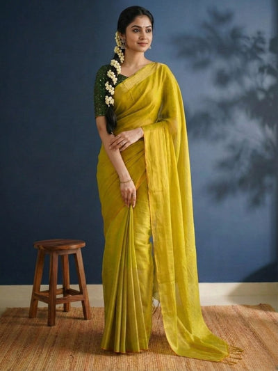 Indiehaat | Pure Tissue Cotton Handloom Saree Yellow