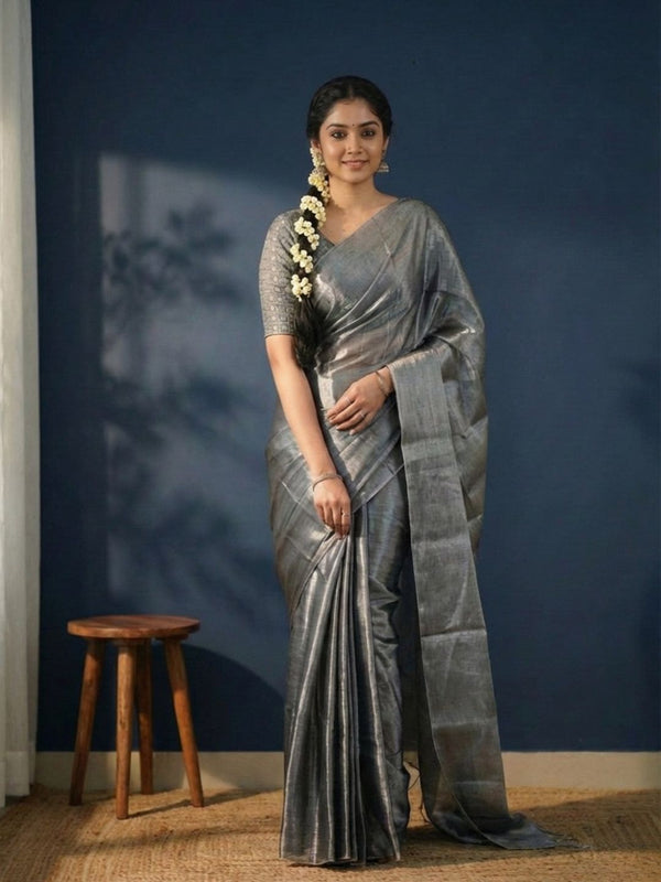 Indiehaat | Pure Tissue Cotton Handloom Saree Gray