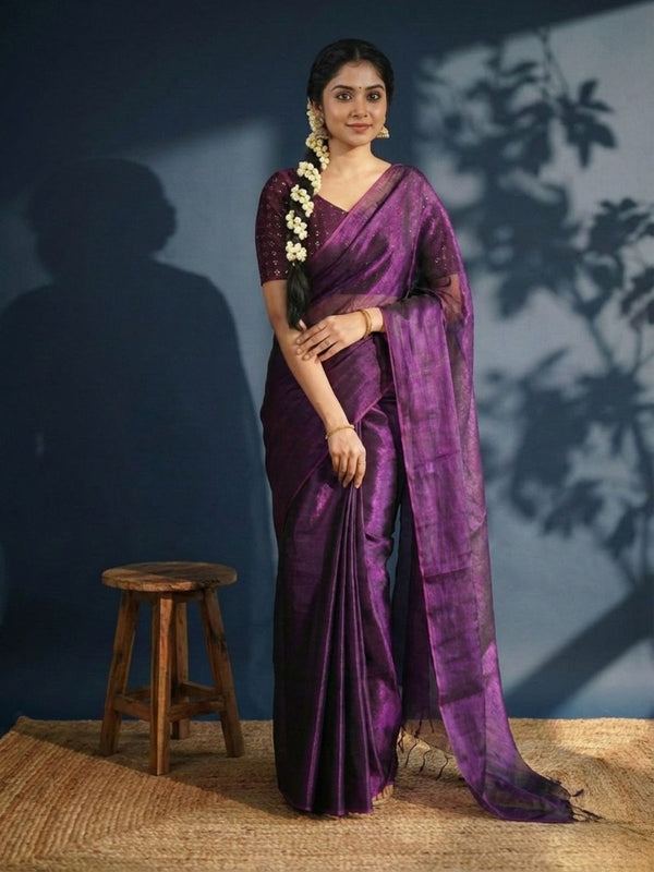 Indiehaat | Pure Tissue Cotton Handloom Saree Violet
