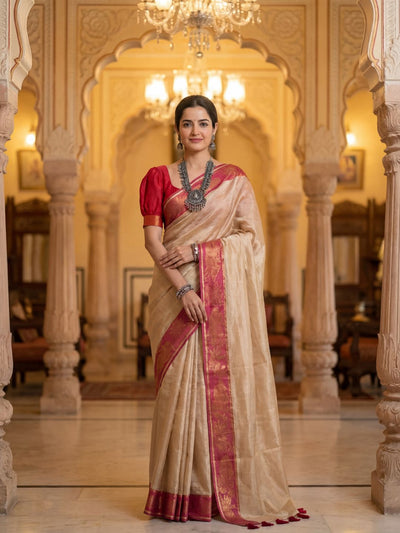 Indiehaat | Pure Tissue Cotton Handloom Saree Beige