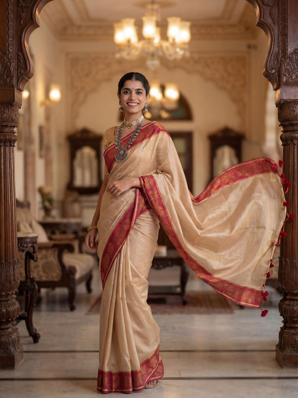 Indiehaat | Pure Tissue Cotton Handloom Saree Beige