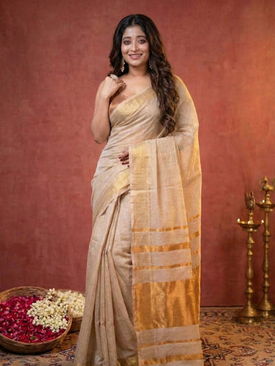 Indiehaat | Pure Tissue Linen Zari Anchal Saree White