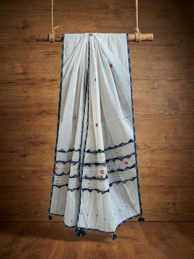 Indiehaat | Applique Kantha Pure Mul Cotton Dupatta White