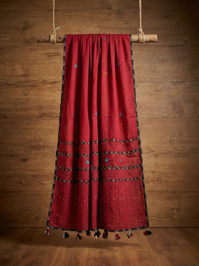 Indiehaat | Applique Kantha Pure Mul Cotton Dupatta Red