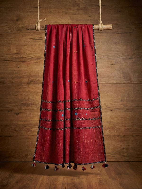 Indiehaat | Applique Kantha Pure Mul Cotton Dupatta Red