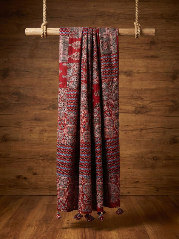 Indiehaat | Applique Kantha Pure Mul Cotton Dupatta Maroon