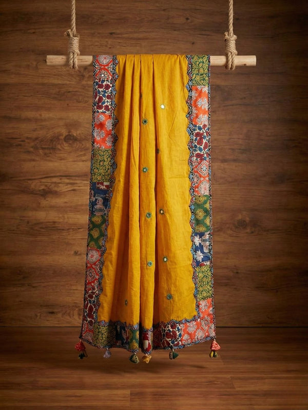 Indiehaat | Applique Kantha Pure Mul Cotton Dupatta Yellow