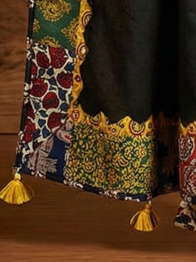 Indiehaat | Applique Kantha Pure Mul Cotton Dupatta Black