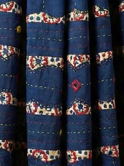 Indiehaat | Applique Kantha Pure Mul Cotton Dupatta Blue