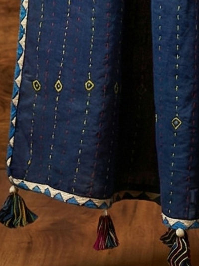 Indiehaat | Applique Kantha Pure Mul Cotton Dupatta Blue