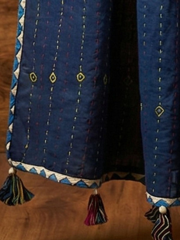 Indiehaat | Applique Kantha Pure Mul Cotton Dupatta Blue