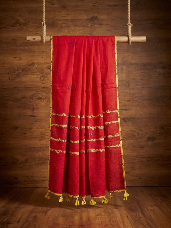 Indiehaat | Applique Kantha Pure Mul Cotton Dupatta Red