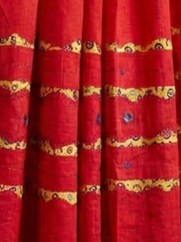 Indiehaat | Applique Kantha Pure Mul Cotton Dupatta Red