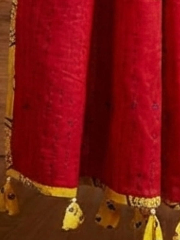Indiehaat | Applique Kantha Pure Mul Cotton Dupatta Red