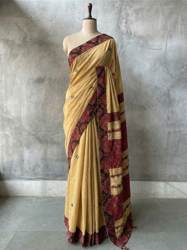 Indiehaat | Ajrakh Patch Work Pure Mul Cotton Saree Beige