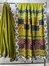 Indiehaat | Ajrakh Patch Work Pure Mul Cotton Saree Green