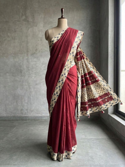 Indiehaat | Ajrakh Patch Work Pure Mul Cotton Saree Red