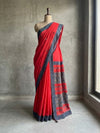 Indiehaat | Ajrakh Patch Work Pure Mul Cotton Saree Red