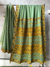 Indiehaat | Ajrakh Patch Work Pure Mul Cotton Saree Green