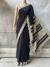 Indiehaat | Ajrakh Patch Work Pure Mul Cotton Saree Black