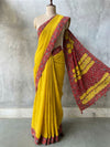 Indiehaat | Ajrakh Patch Work Pure Mul Cotton Saree Yellow