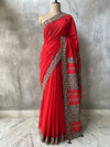 Indiehaat | Ajrakh Patch Work Pure Mul Cotton Saree Red