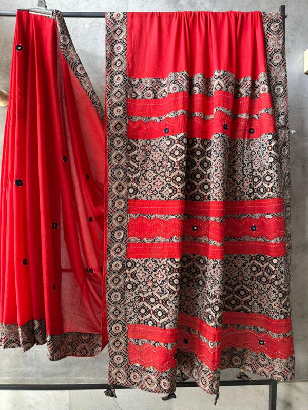 Indiehaat | Ajrakh Patch Work Pure Mul Cotton Saree Red