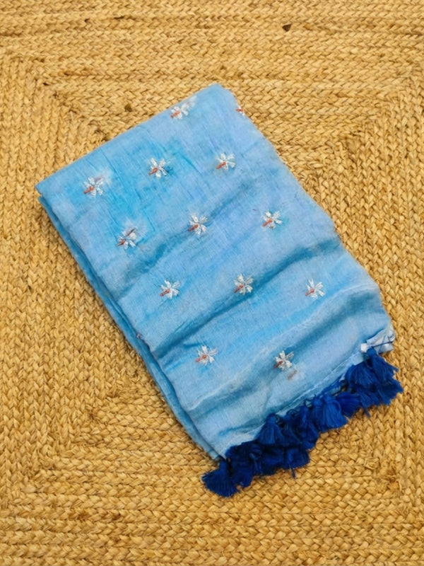 Indiehaat | Pure Mul Cotton Digital Embroidery Saree Blue