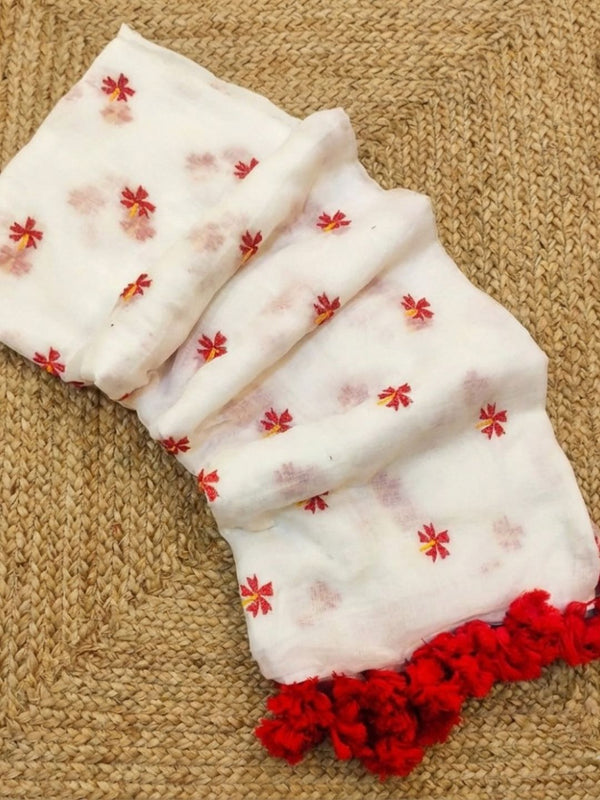 Indiehaat | Pure Mul Cotton Digital Embroidery Saree White