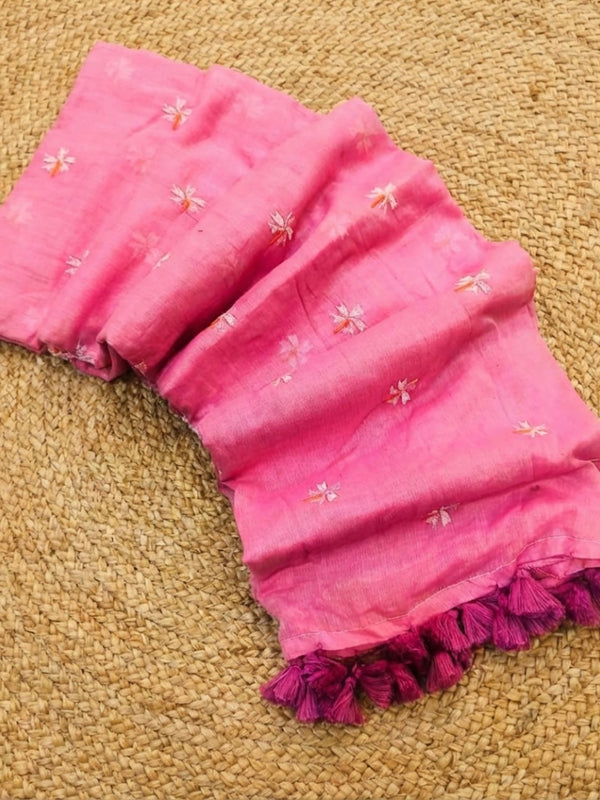 Indiehaat | Pure Mul Cotton Digital Embroidery Saree Pink