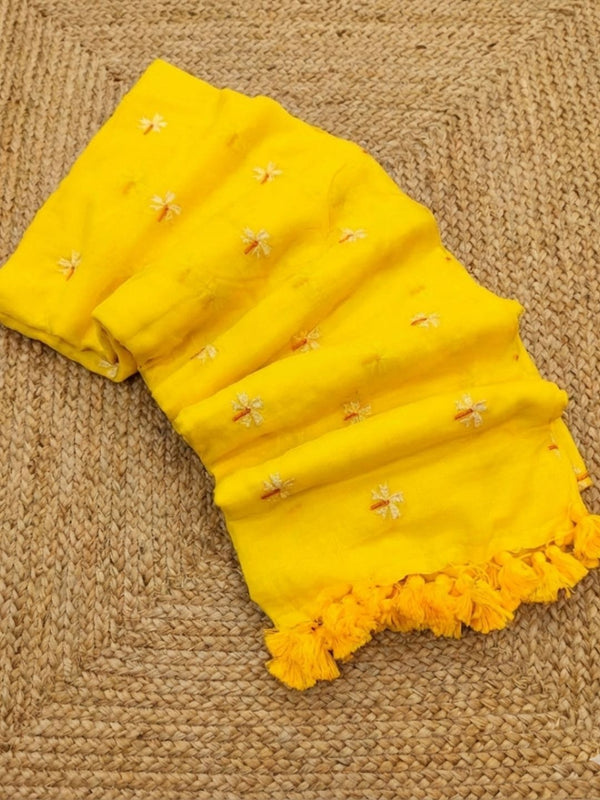 Indiehaat | Pure Mul Cotton Digital Embroidery Saree Yellow