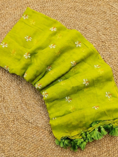 Hawa Hawai Embroidery Pure Mul Cotton Saree Lime Green