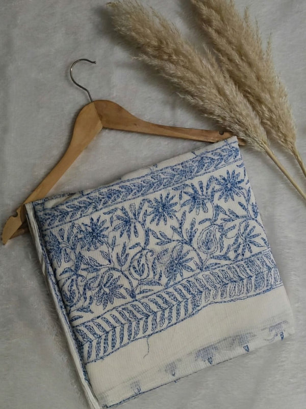 Indiehaat | Kota Doria Chikanakri Saree White & Blue