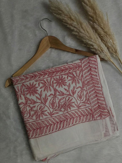 Nazakat Kota Doria Chikankari Saree White & Red