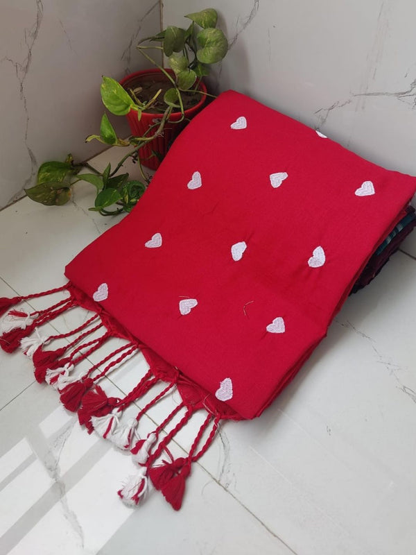 Indiehaat | Pure Khadi Cotton Embroidery Saree Red