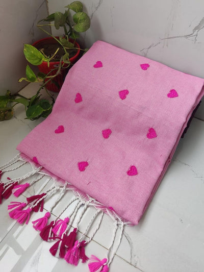 Indiehaat | Pure Khadi Cotton Embroidery Saree Pink