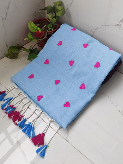 Indiehaat | Pure Khadi Cotton Embroidery Saree Blue