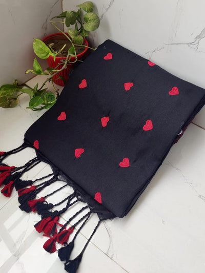 Indiehaat | Pure Khadi Cotton Embroidery Saree Black