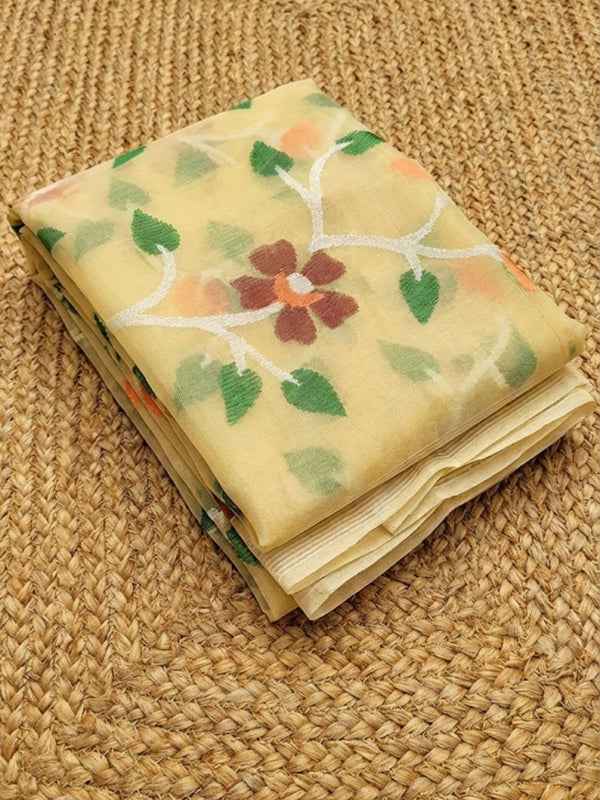 Indiehaat | Pure Muslin Silk Jamdani Saree Yellow