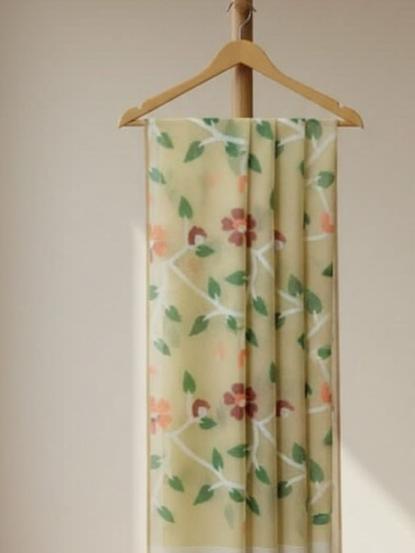 Indiehaat | Pure Muslin Silk Jamdani Saree Yellow