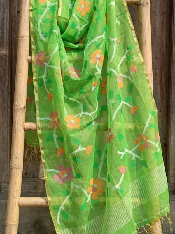 Indiehaat | Pure Muslin Silk Jamdani Saree Green