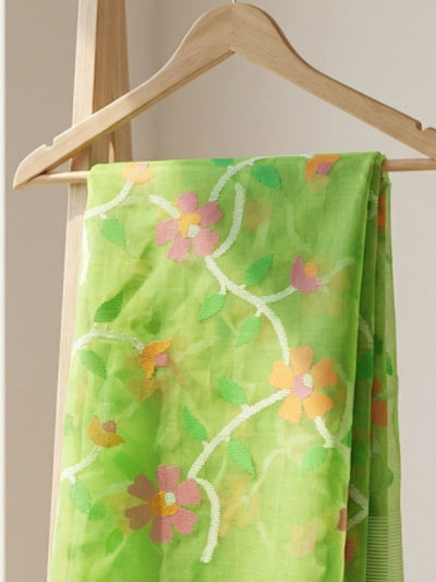 Indiehaat | Pure Muslin Silk Jamdani Saree Green
