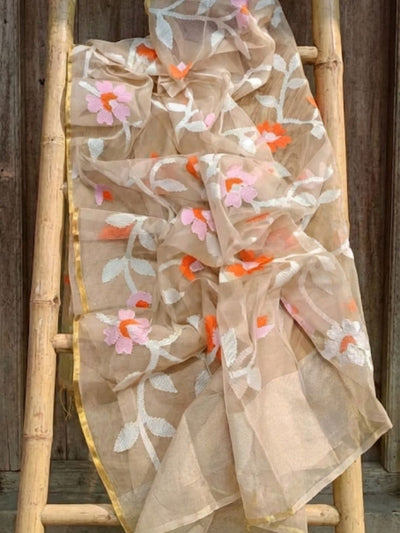 Indiehaat | Pure Muslin Silk Jamdani Saree Beige