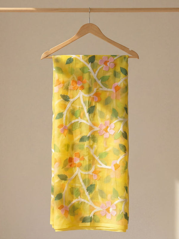 Indiehaat | Pure Muslin Silk Jamdani Saree Yellow