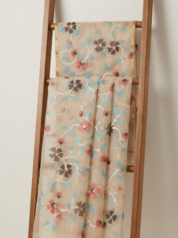 Indiehaat | Pure Muslin Silk Jamdani Saree Beige