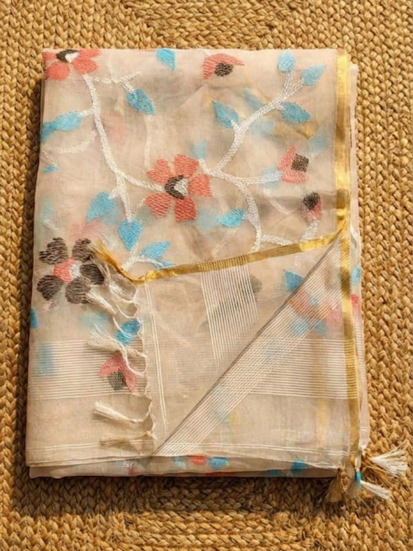 Indiehaat | Pure Muslin Silk Jamdani Saree Beige