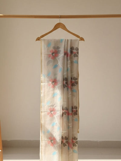 Indiehaat | Pure Muslin Silk Jamdani Saree Beige