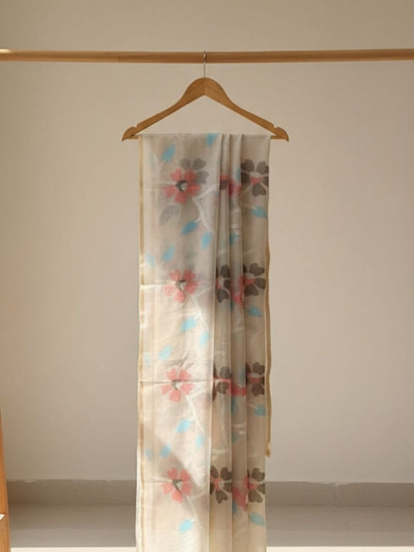 Indiehaat | Pure Muslin Silk Jamdani Saree Beige