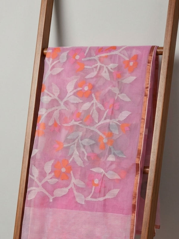 Indiehaat | Pure Muslin Silk Jamdani Saree Pink