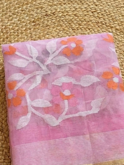 Indiehaat | Pure Muslin Silk Jamdani Saree Pink